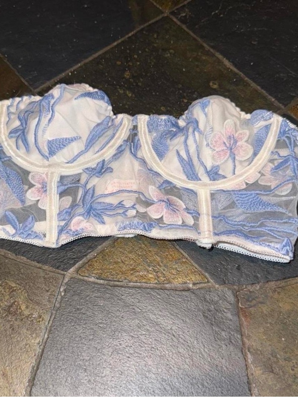 ROMWE White Sheer Bustier with Blue & Pink Floral Embroidery